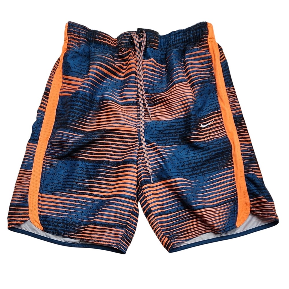 Nike Mens Swim Trunks Medium Blue Orange Graphic Stripe Board Shorts